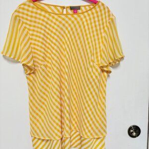 Vince Camuto Womens Gingham Top Yellow Layered Mixed Print Cottagecore.  SZ. 1X